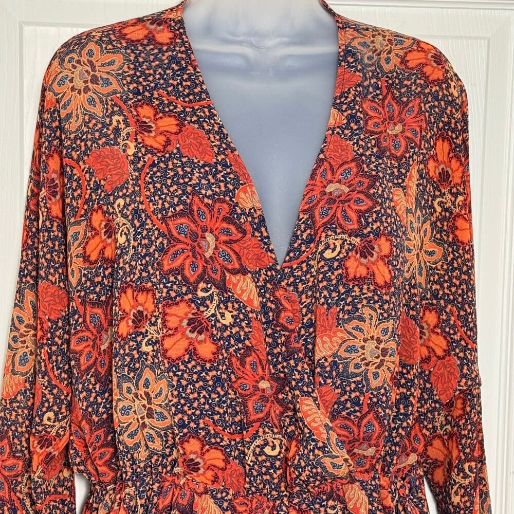 Free People Floral Paisley Mini Dress Surplice Long Sleeve Boho Festival - Picture 3 of 12